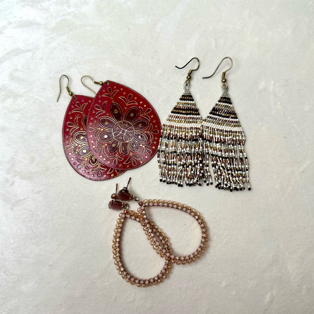 Three pairs of unique drop earrings. *can be sold separate*